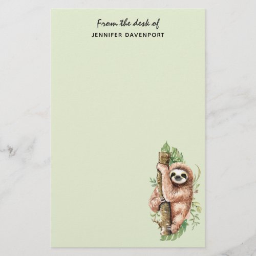 Cute Watercolor Sloth  Tropical Leaves Stationery