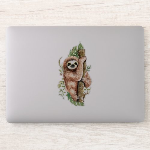 Cute Watercolor Sloth  Tropical Leaves Sticker