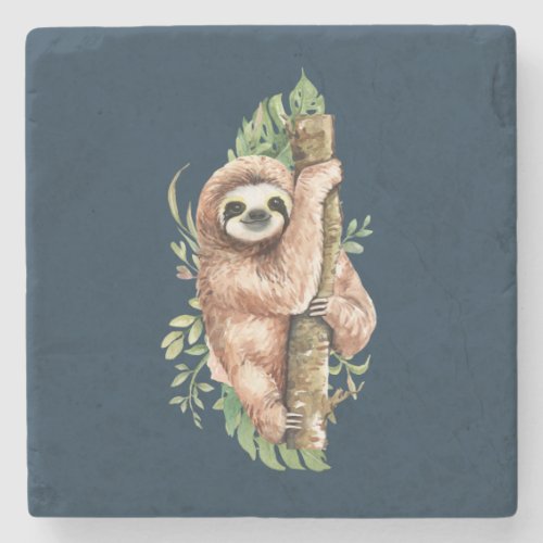 Cute Watercolor Sloth  Tropical Leaves Stone Coaster
