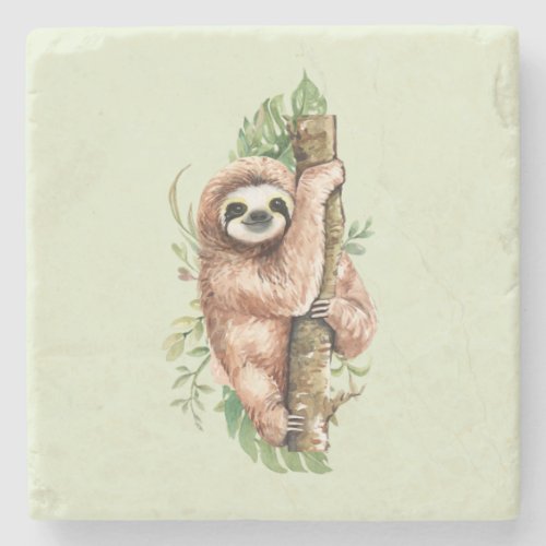 Cute Watercolor Sloth  Tropical Leaves Stone Coaster