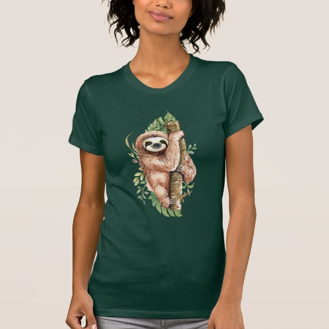 Cute Watercolor Sloth & Tropical Leaves T-Shirt (Front)