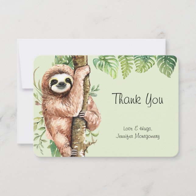 Cute Watercolor Sloth & Tropical Leaves Thank You Card (Front)