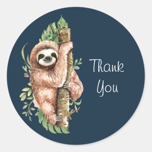 Cute Watercolor Sloth  Tropical Leaves Thank You Classic Round Sticker