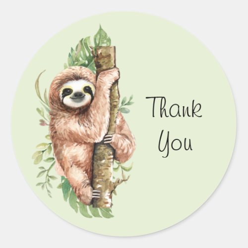 Cute Watercolor Sloth  Tropical Leaves Thank You Classic Round Sticker