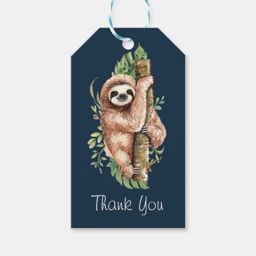 Cute Watercolor Sloth  Tropical Leaves Thank You Gift Tags