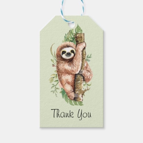 Cute Watercolor Sloth  Tropical Leaves Thank You Gift Tags