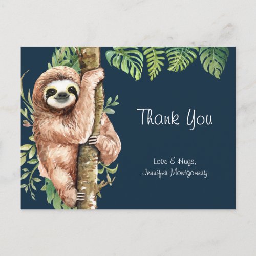 Cute Watercolor Sloth  Tropical Leaves Thank You Postcard