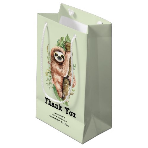 Cute Watercolor Sloth  Tropical Leaves Thank You Small Gift Bag