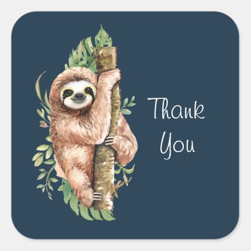 Cute Watercolor Sloth  Tropical Leaves Thank You Square Sticker