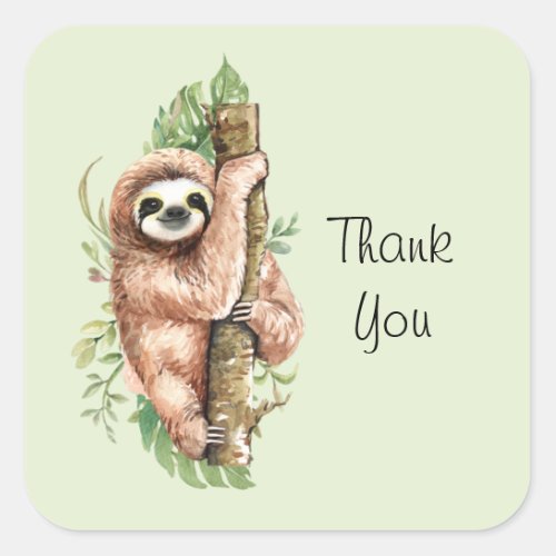 Cute Watercolor Sloth  Tropical Leaves Thank You Square Sticker