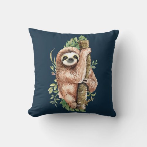 Cute Watercolor Sloth  Tropical Leaves Throw Pillow