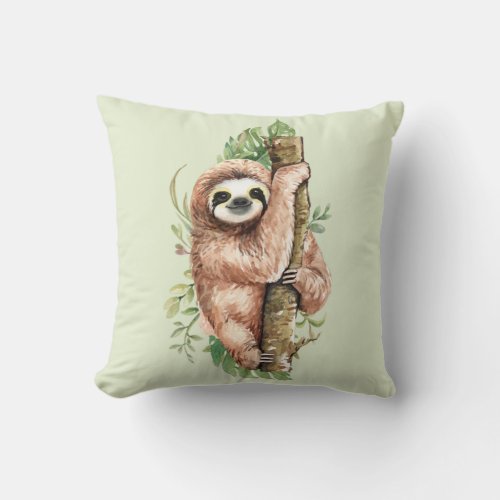 Cute Watercolor Sloth  Tropical Leaves Throw Pillow