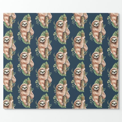 Cute Watercolor Sloth  Tropical Leaves Wrapping Paper