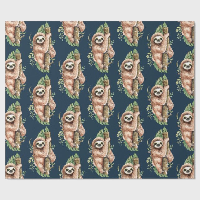 Cute Watercolor Sloth & Tropical Leaves Wrapping Paper (Flat)