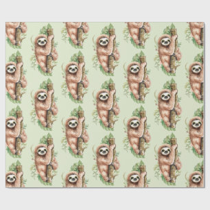 Cute Watercolor Sloth & Tropical Leaves Wrapping Paper