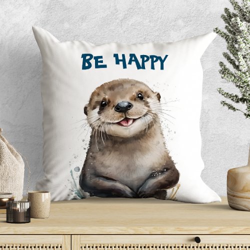 Cute Watercolor Smiling Happy Otter Throw Pillow