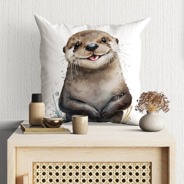 Cute Watercolor Smiling Happy Otter Throw Pillow (Creator Uploaded)