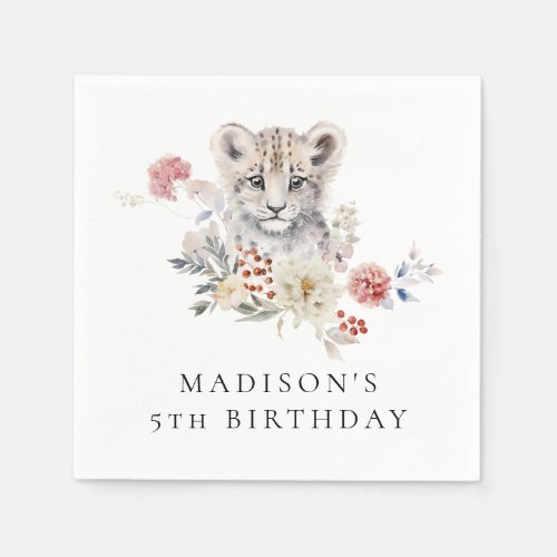 Cute Watercolor Snow Leopard Birthday Party Napkins