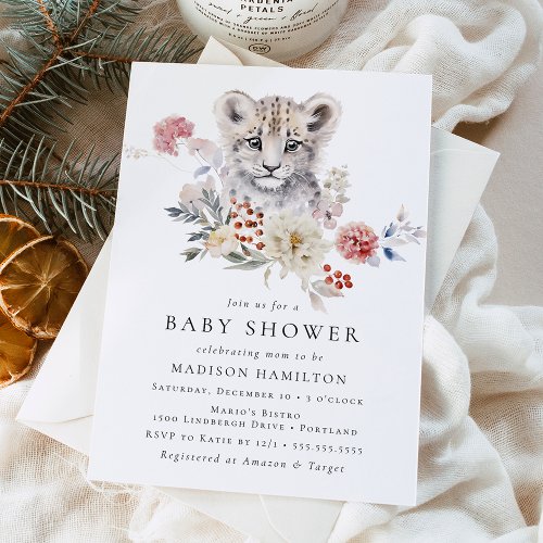 Cute Watercolor Snow Leopard Winter Baby Shower Invitation