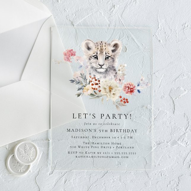 Cute Watercolor Snow Leopard Winter Birthday Party Acrylic Invitations (Creator Uploaded)
