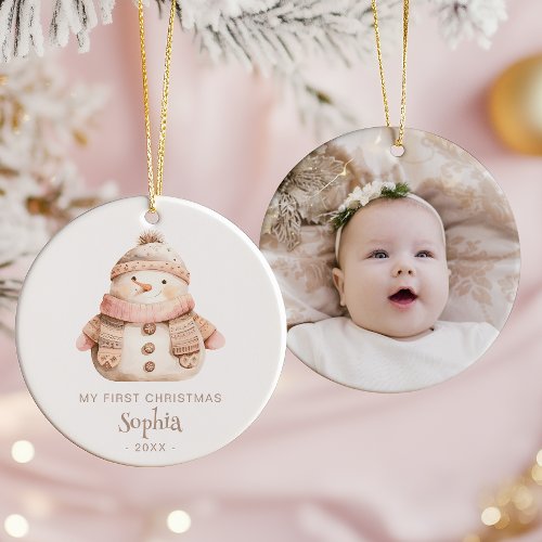 Cute Watercolor Snowman Baby's 1st Christmas Photo Ceramic Ornament