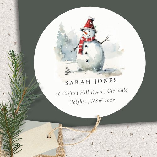 Cute Watercolor Snowman Christmas Address Classic Round Sticker