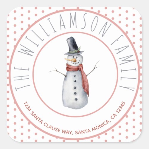 Cute Watercolor Snowman Family Name Polka Dot Square Sticker