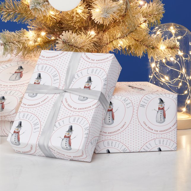 Cute Watercolor Snowman Family Name Polka Dot  Wrapping Paper (Holidays)