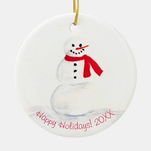 Cute Watercolor Snowman Happy Holidays Photo Back Ceramic Ornament