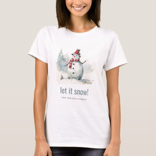 Cute Watercolor Snowman Let It Snow Christmas T_Shirt