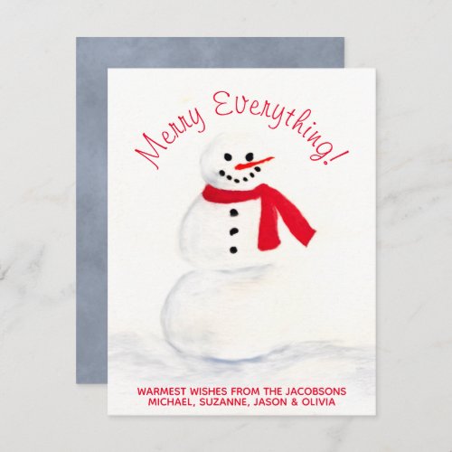 Cute Watercolor Snowman Merry Everything Festive Holiday Card