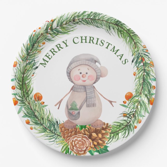 Cute Watercolor Snowman  Paper Plates (Front)
