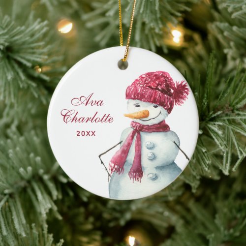 Cute Watercolor Snowman Personalized Girls Name Ceramic Ornament