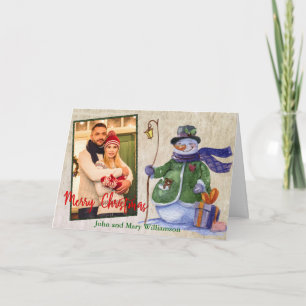 Cute Watercolor Snowman Photo Christmas Holiday Card