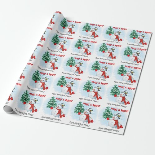 Cute Watercolor Snowman Red Scarf Christmas Tree Wrapping Paper