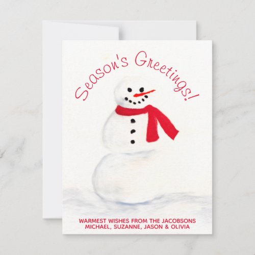 Cute Watercolor Snowman Seasons Greetings Holiday Card