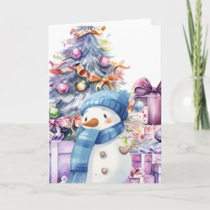 Cute Watercolor Snowman w/ Blue Scarf & Xmas Tree Card