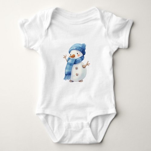 Cute Watercolor Snowman with Blue Scarf Baby Bodysuit