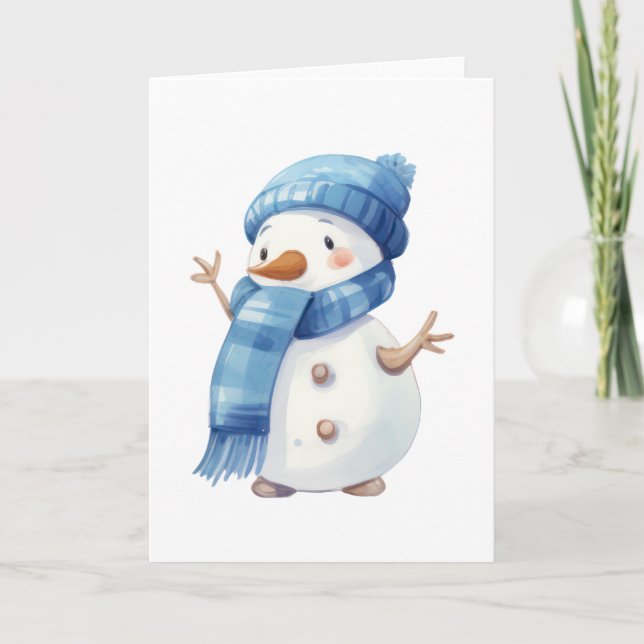 Cute Watercolor Snowman with Blue Scarf Card (Front)