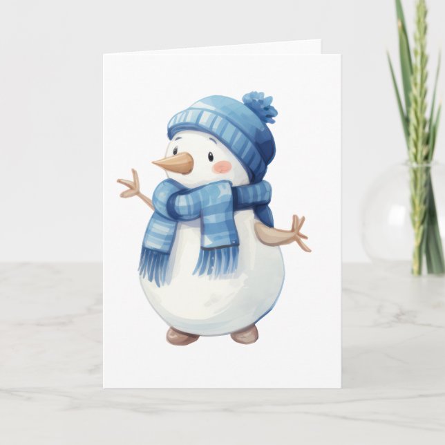 Cute Watercolor Snowman with Blue Scarf & Hat Card (Front)