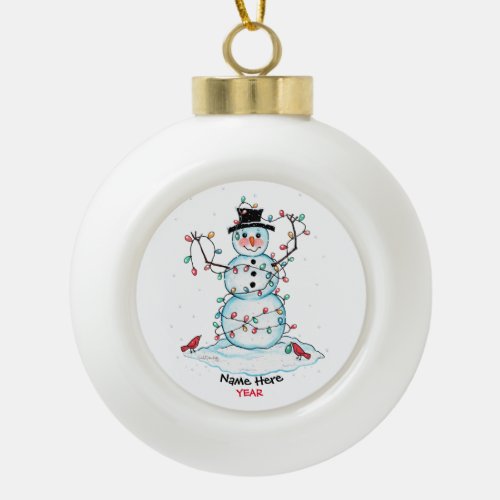 Cute Watercolor Snowman Wrapped in Lights Ornament