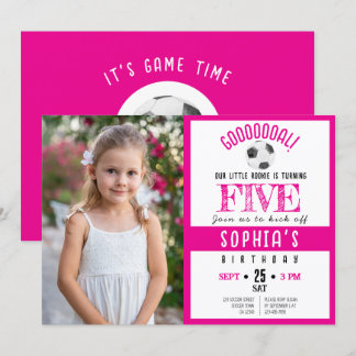 Cute Watercolor Soccer Photo Pink Birthday Invitation