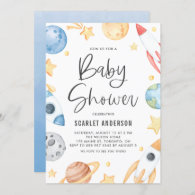 Cute Watercolor Space Theme Baby Shower Invitation