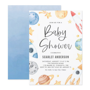 Cute Watercolor Space Theme Baby Shower Invitation