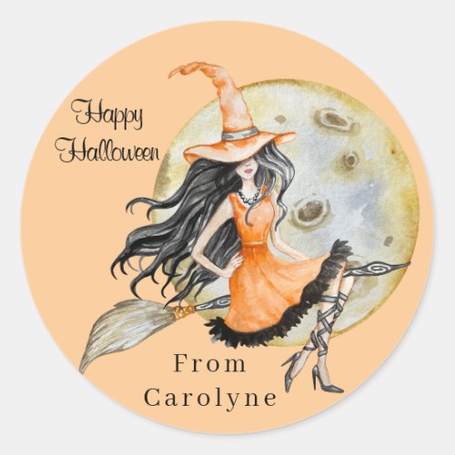 Cute Watercolor Spooky Orange and Black Witch Classic Round Sticker