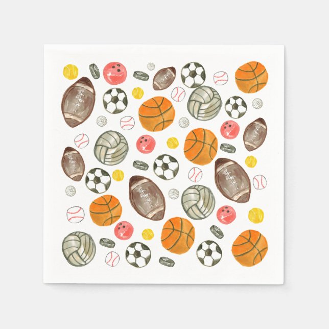 Cute Watercolor Sports Ball Kids Children Birthday Napkins (Front)