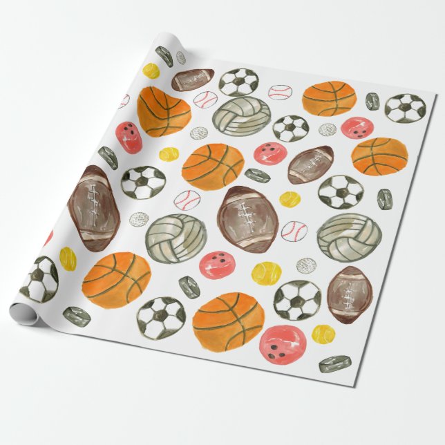 Cute Watercolor Sports Ball Kids Children Birthday Wrapping Paper (Unrolled)