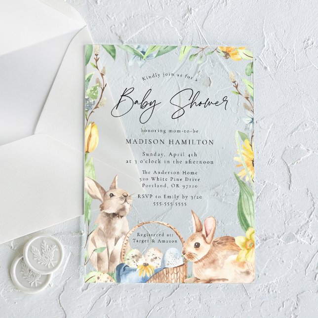 Cute Watercolor Spring Bunnies Baby Shower Acrylic Invitations (Creator Uploaded)