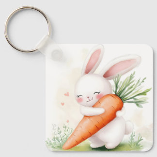 Cute Watercolor Spring Bunny Carrot Keychain