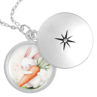 Cute Watercolor Spring Bunny Carrot Locket Necklace